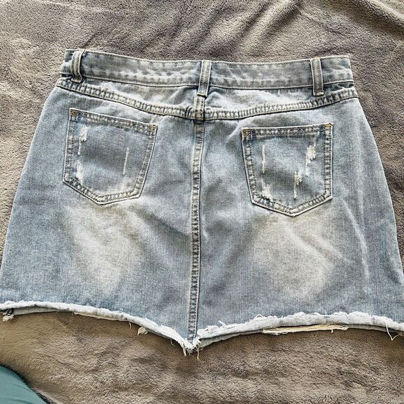 Jean Mini Skirt Denim Distressed Faded Y2K Punk Grunge Summer Festival Size 14 - Picture 2 of 6